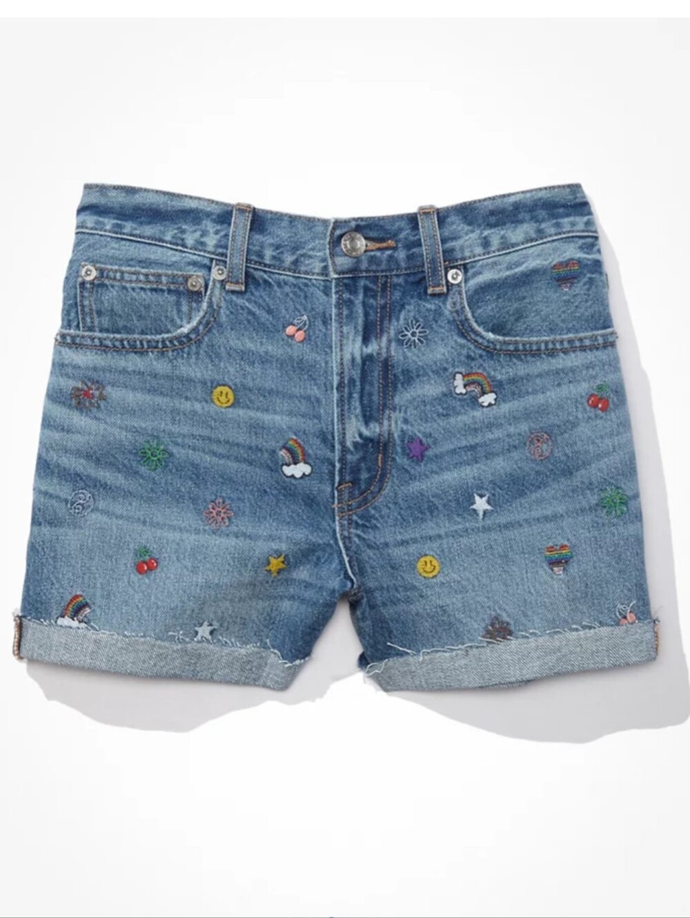 American Eagle 90's Boyfriend Embroidered Rainbow Denim Shorts
